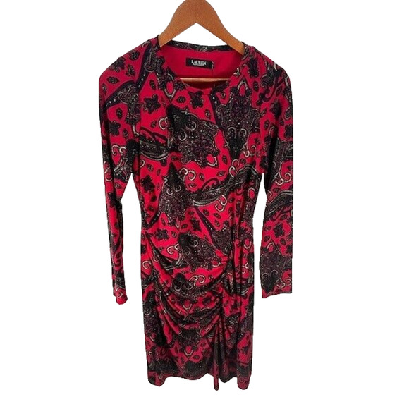 NWT Lauren Ralph Lauren Sheath Dress Paisley Jersey Long Sleeeve Red Multi Sz 6 - Picture 1 of 12